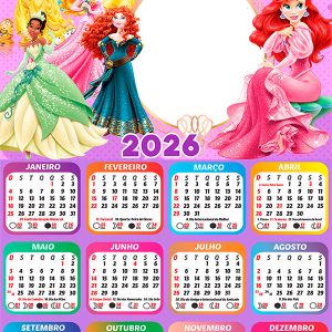 Calendário 2026 Princesas Glamour PNG Arte Digital