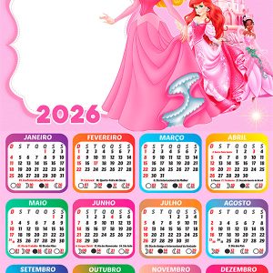 Calendário 2026 Princess Pink Disney PNG Arte Digital
