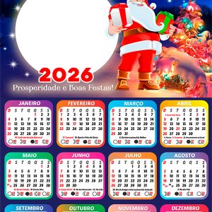 Calendário 2026 Prosperidade e Boas Festas Papai Noel PNG Arte