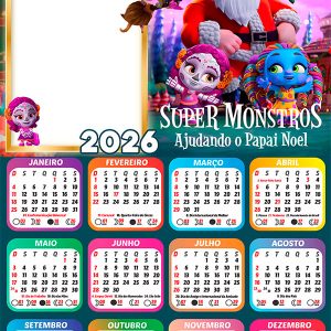 Calendário 2026 Super Monstro Ajudando o Papai Noel Arte
