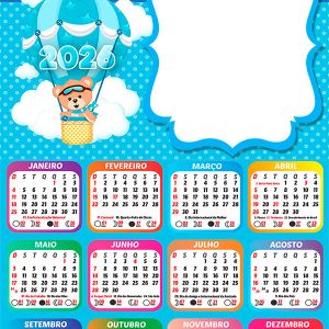 Calendário 2026 Ursinho Baloeiro Cute PNG Arte Digital