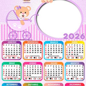 Calendário 2026 Ursinha Baby Menina PNG Arte Digital