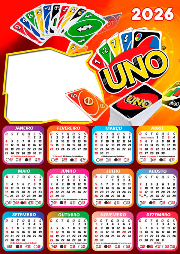 Calendário 2026 Jogos de Cartas UNO PNG Arte Digital