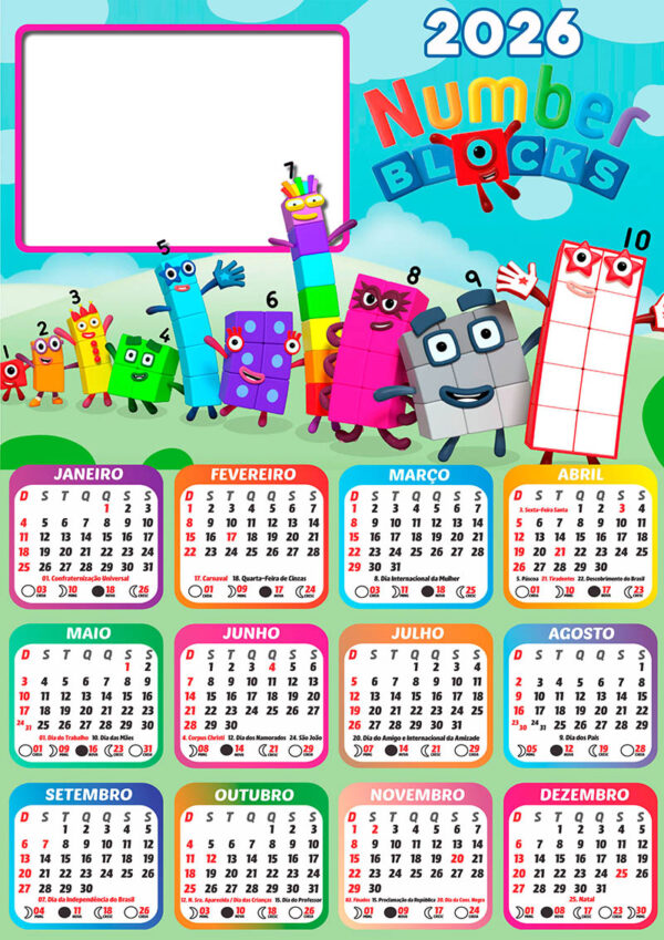 Calendário 2026 Numberblocks PNG Arte Digital