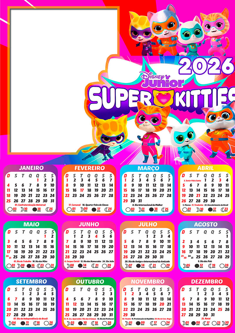 Calendário 2026 Super Kitties PNG Arte Digital