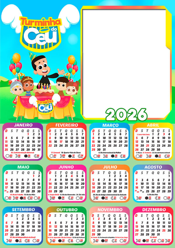 Calendário 2026 Turminha do Céu PNG Arte Digital