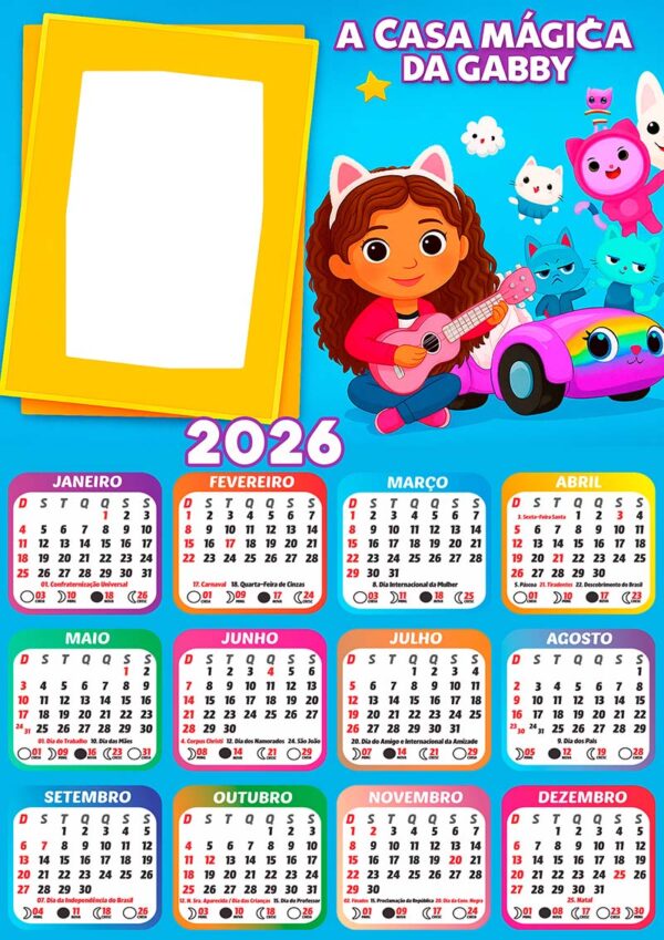 Calendário 2026 A Casa Mágica da Gabby PNG Arte Digital