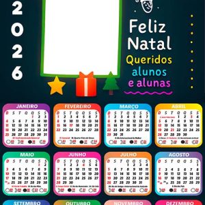 Calendário 2026 Alunos e Alunas Feliz Natal Escola Arte Digital