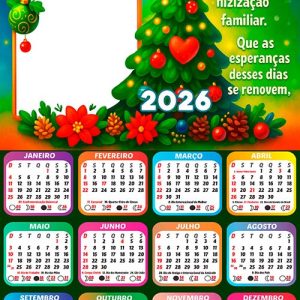 Calendário 2026 Árvore de Natal Frase Feliz Natal Arte Digital