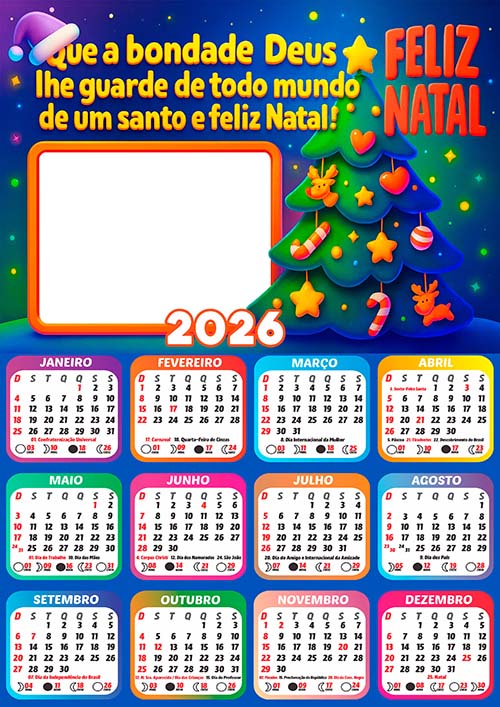 Calendário 2026 Árvore de Natal com Mensagem Arte Digital