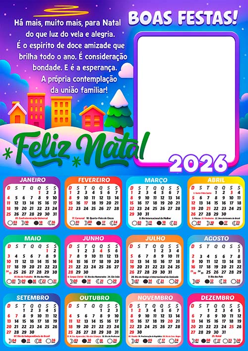 Calendário 2026 Boas Festas Feliz Natal Mensagem Arte Digital