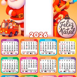 Calendário 2026 Bombeiro Noel Arte Digital PNG