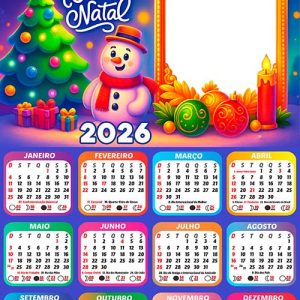 Calendário 2026 Boneco de Neve Infantil Feliz Natal Arte Digital