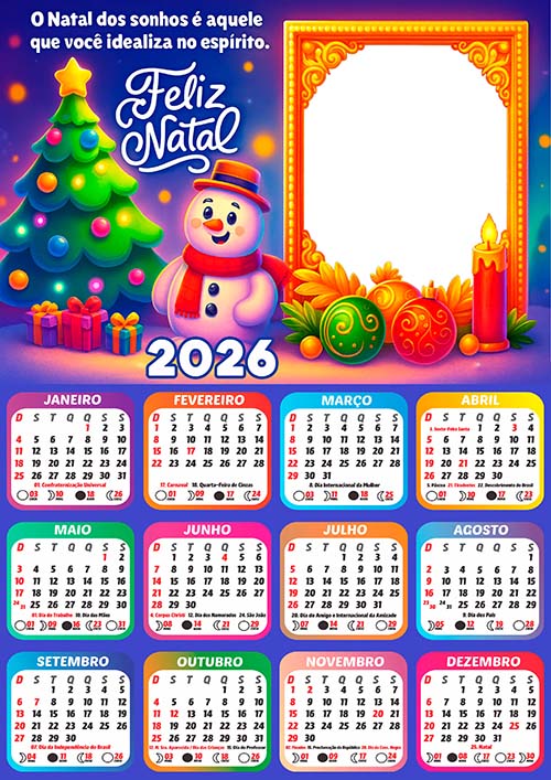 Calendário 2026 Boneco de Neve Infantil Feliz Natal Arte Digital