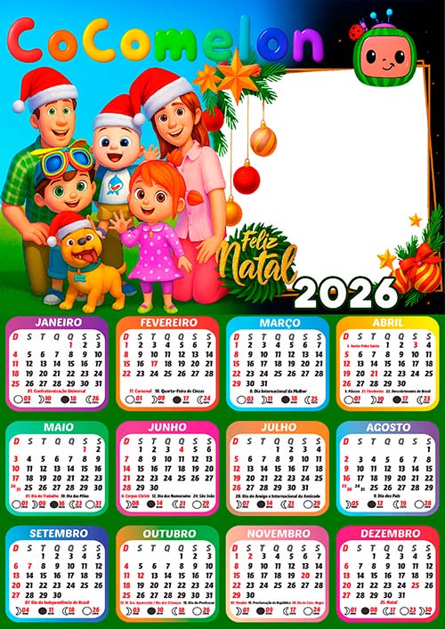Calendário 2026 Cocomelon Feliz Natal Infantil Arte Digital
