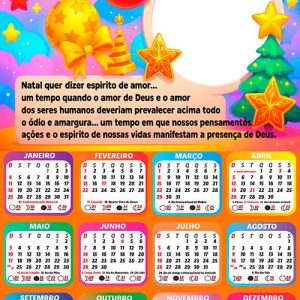 Calendário 2026 Colorido de Feliz Natal Infantil Arte Digital