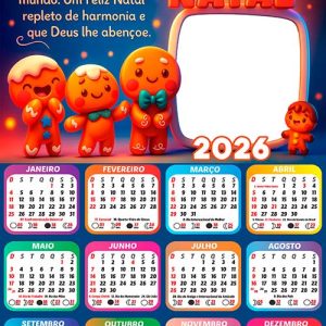 Calendário 2026 Cookies Feliz Natal Mensagem Arte Digital