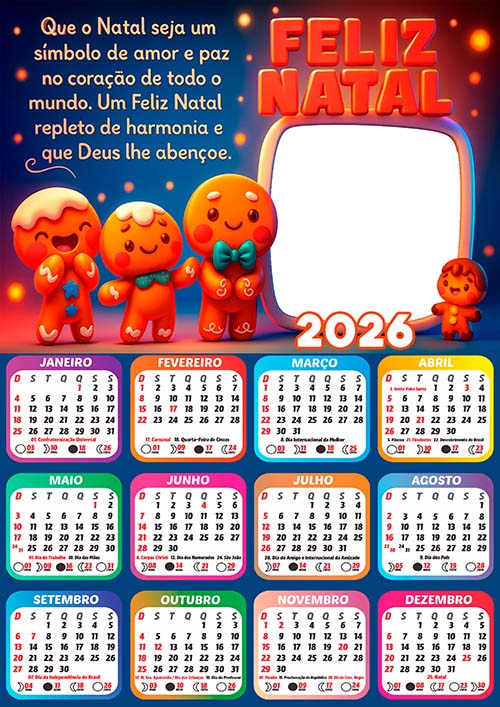 Calendário 2026 Cookies Feliz Natal Mensagem Arte Digital