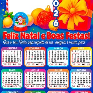 Calendário 2026 Decoração Natal Boas Festas Arte Digital