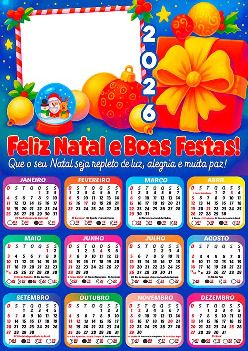 Calendário 2026 Decoração Natal Boas Festas Arte Digital
