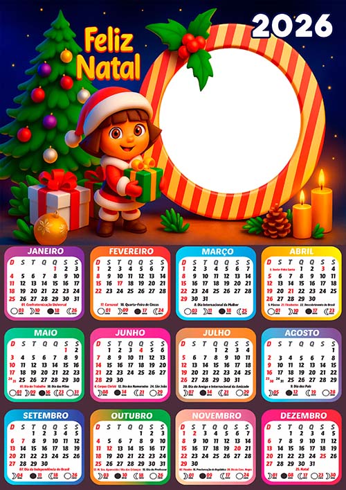 Calendário 2026 Dora Aventureira Feliz Natal Arte Digital