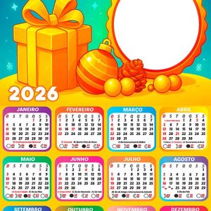 Calendário 2026 Dourado Feliz Natal Arte Digital