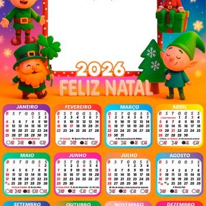 Calendário 2026 Duende de Natal Infantil Arte Digital
