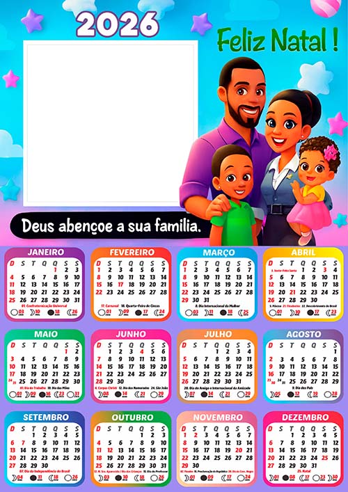 Calendário 2026 Família Abençoada Feliz Natal Frase Arte Digital