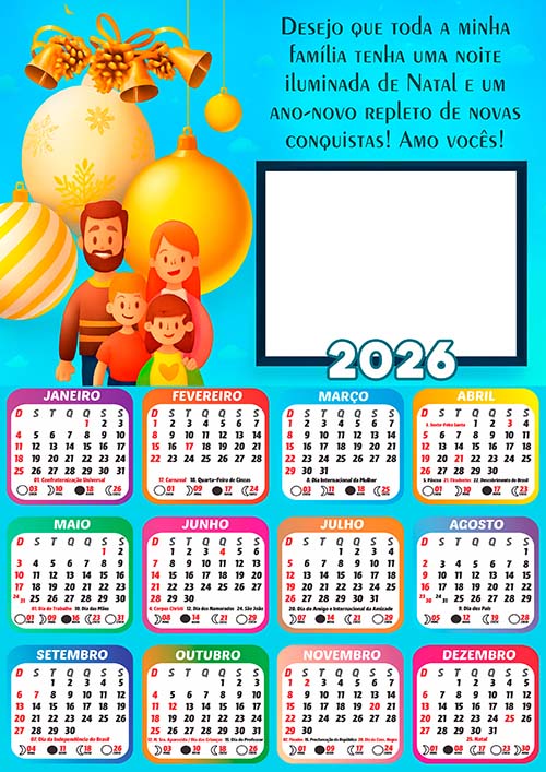 Calendário 2026 Família Amo Você Feliz Natal Arte Digital