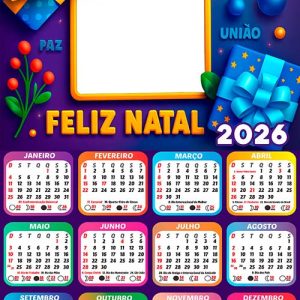 Calendário 2026 Feliz Natal Azul Presentes Arte Digital