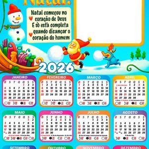 Calendário 2026 Feliz Natal Brincando na Neve Arte Digital