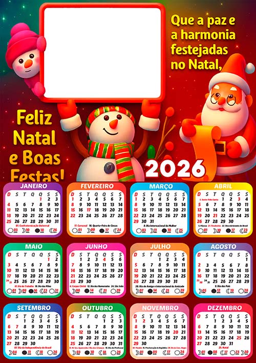 Calendário 2026 Feliz Natal Crianças Infantil Arte Digital