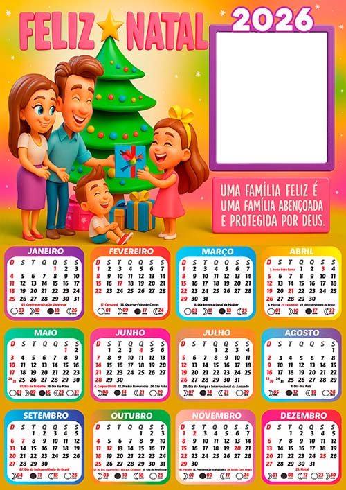Calendário 2026 Feliz Natal Família Reunida Arte Digital