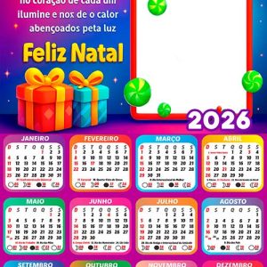 Calendário 2026 Feliz Natal Festa Luzes Natalina Arte Digital