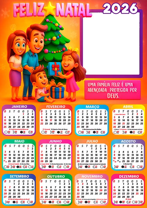 Calendário 2026 Feliz Natal Foto em Família Arte Digital