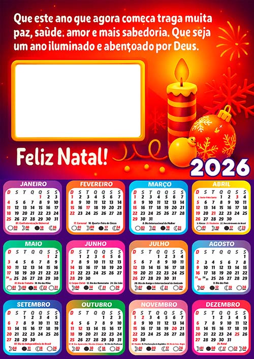 Calendário 2026 Feliz Natal Frase Abençoado por Deus Arte Digital