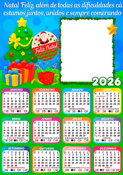 Calendário 2026 Feliz Natal Frase Natalina Arte Digital