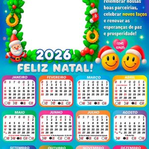 Calendário 2026 Feliz Natal Guirlanda Mensagem Arte Digital