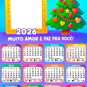 Calendário 2026 Feliz Natal Infantil Escola Arte Digital