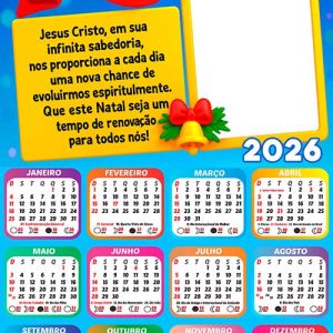 Calendário 2026 Feliz Natal Mensagem Jesus Cristo Arte Digital