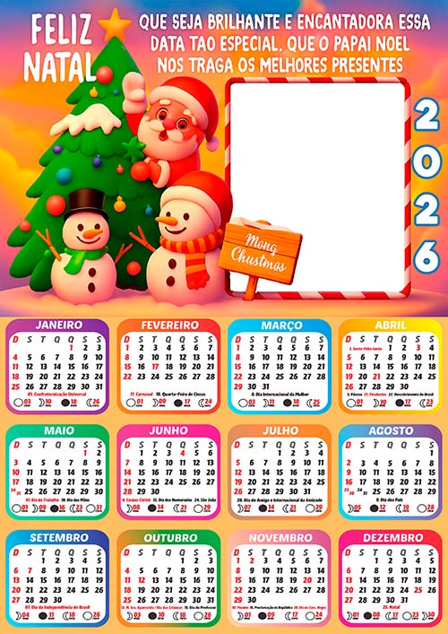 Calendário 2026 Feliz Natal Papai Noel e Amigos Arte Digital
