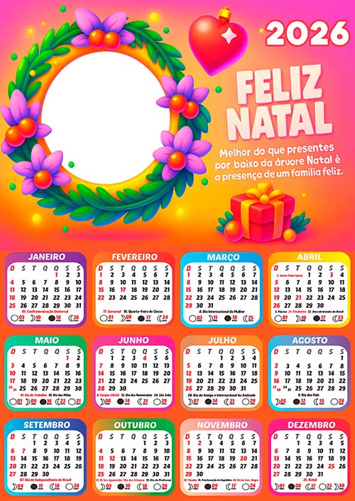 Calendário 2026 Feliz Natal Decoração Natalina Arte Digital
