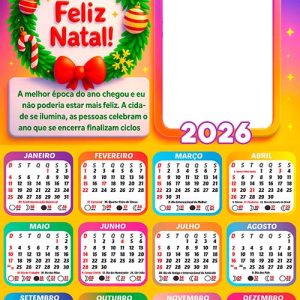 Calendário 2026 Guirlanda Feliz Natal Frase Arte Digital