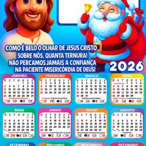 Calendário 2026 Jesus Cristo e Papai Noel Mensagem Arte Digital