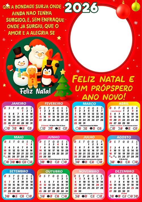 Calendário 2026 Moldura Natalina Próspero Ano Novo Arte Digital