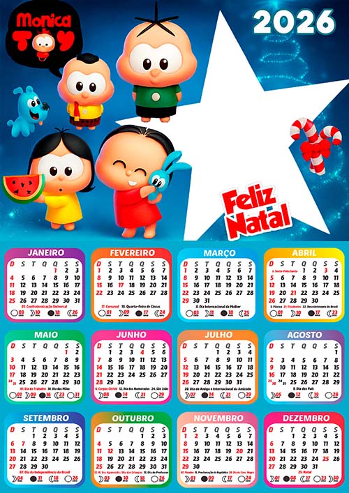 Calendário 2026 Natal Mônica Toy Arte Digital PNG