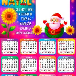 Calendário 2026 Natal Papai Noel Girassóis Arte Digital