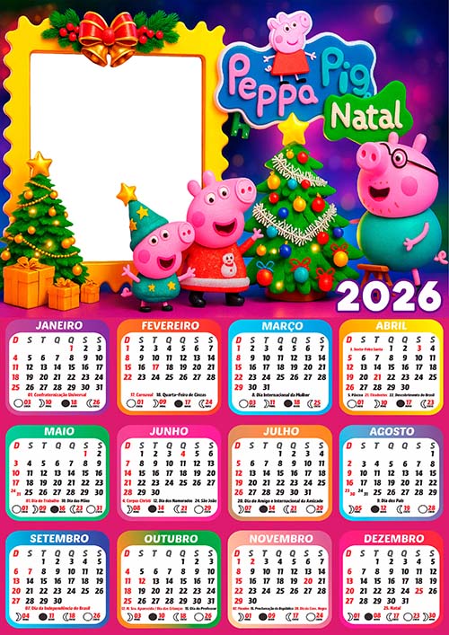 Calendário 2026 Natal da Peppa Pig Arte Digital PNG