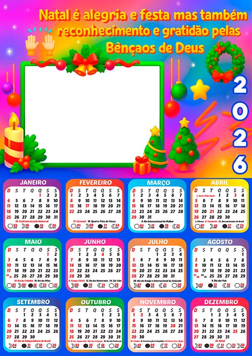 Calendário 2026 Natal é Alegria Arte Digital PNG