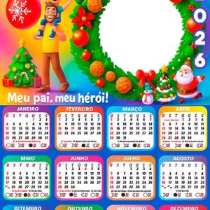Calendário 2026 Papai Feliz Natal Arte Digital PNG